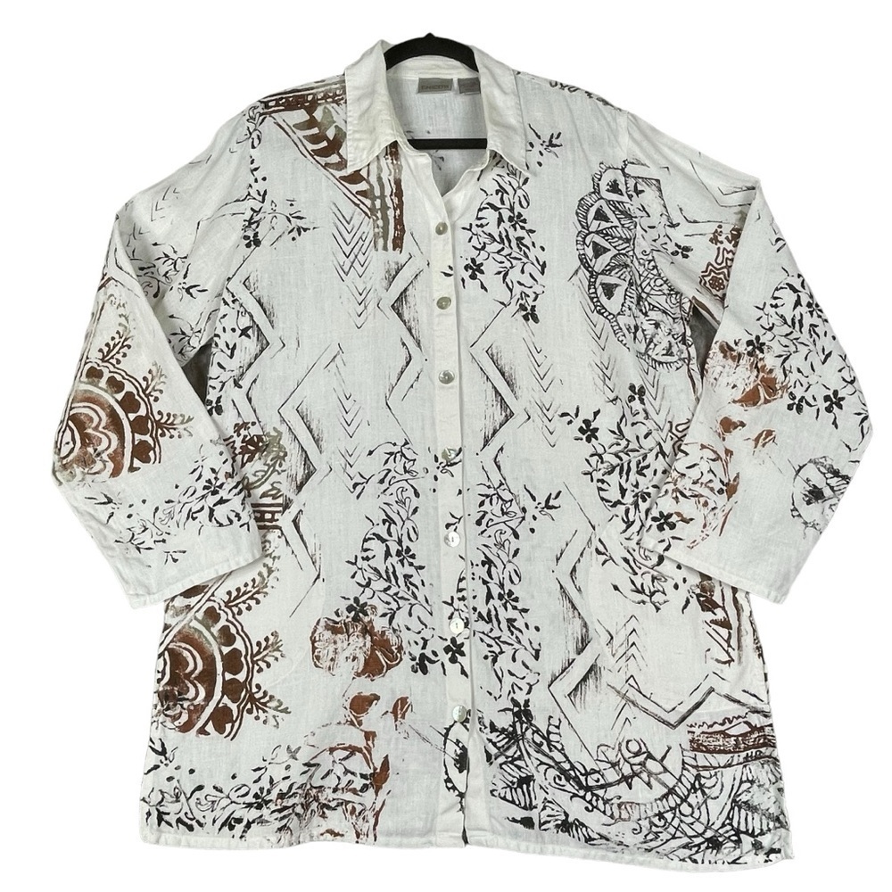 Chicos Linen Floral Geometrc Print Mature Classic Shirt Jacket Sz 2 = L 12/14